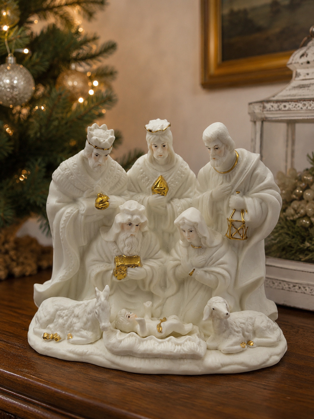 Ivory Gold Nativity Scene One Piece Holy Family 3 Wise Men Christmas Figurine